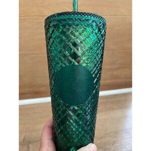 VHTF NWT Starbucks Green Diamond Textured Cold Cup Tumbler With Straw 24 Oz